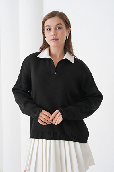 Park Karon Women's Polo Neck Paneled Soft Textured Knitwear Sweater