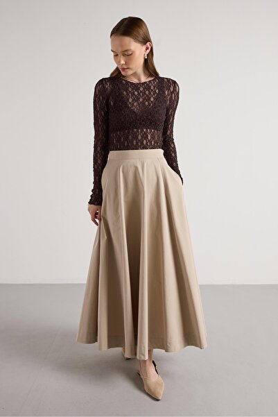 minaaise Women's Brown Transparent Lace Short Stretch Fabric Blouse 30051