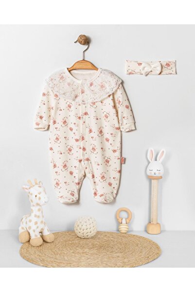 Pamuş Moda Baby %100 Pamuk Dantelli Yaka ve Bant Detaylı Kız Bebek Patikli Tu...