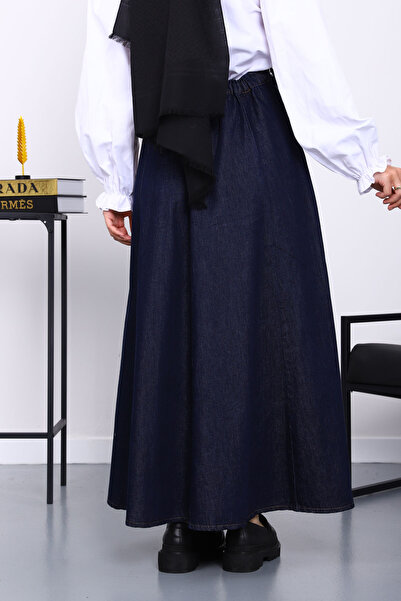 İmajButik Navy Blue Elastic Waist Flared Denim Skirt