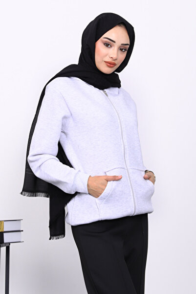 İmajButik Light Gray Kangaroo Pocket Fleece-Lined Three Thread Cardigan