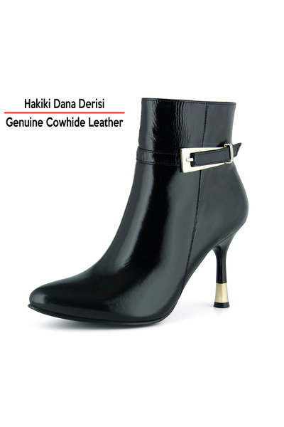 Erkan Saçmacı Black Patent Leather Genuine Cowhide Buckle Zippered Pointed Toe Thin Heeled Casual Boots
