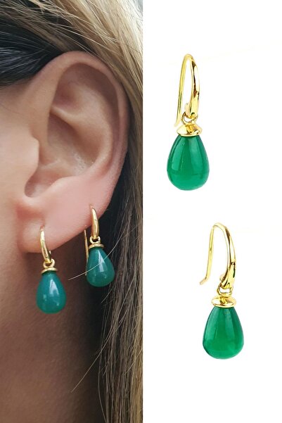 OSESHOP Kök zümrüt Taşlı 925ayar gümüş üzerine altın kaplama tasarım Damla Küpe