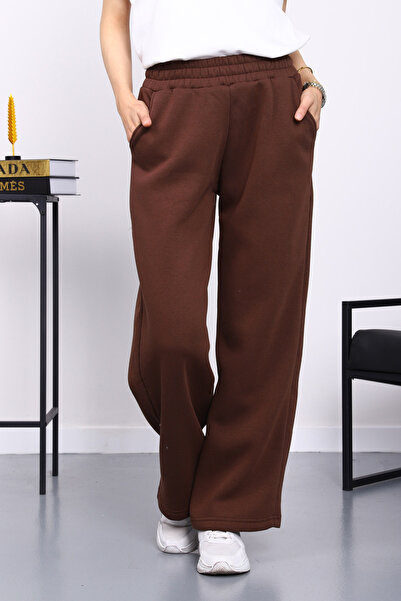 İmajButik Brown Elastic Waist Fleece-Lined Fleece-Lined Three Thread Trousers