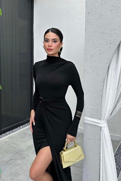 Love Fab Shoulder Gathered, Waist Double-Breasted Buckle Detail Slit Long Dress