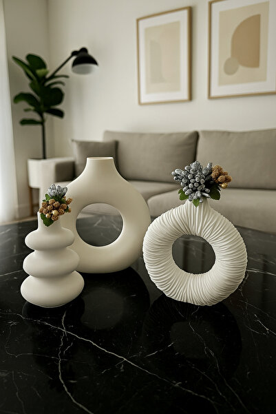 Misya DEKOR Home Modern Boho Halkalı Taş Tozu Vazo Trio Dekoratif Ev Eşyaları (Çiçekler Dahil Değildir)
