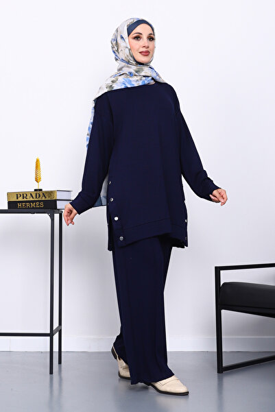 İmajButik Σετ Modal με λεπτομέρεια με κουμπωτά κουμπιά σε μπλε ναυτικό χρώμα