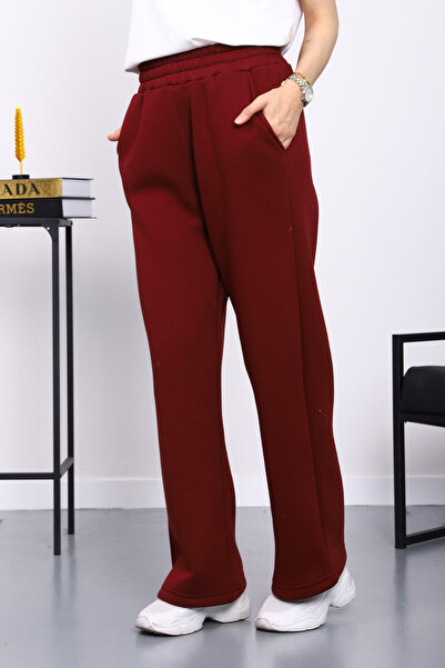 İmajButik Burgundy Elastic Waist Fleece-Lined Fleece-Lined Three Thread Trousers