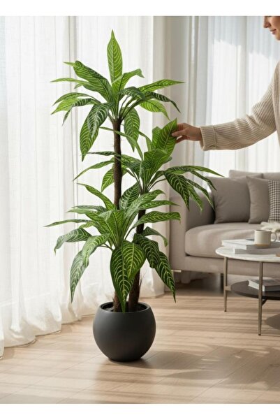 Nettenevime Yapay Ağaç Yukka Sarı Çizgili Draceena Ağacı Antrasit Küre Saksıd...