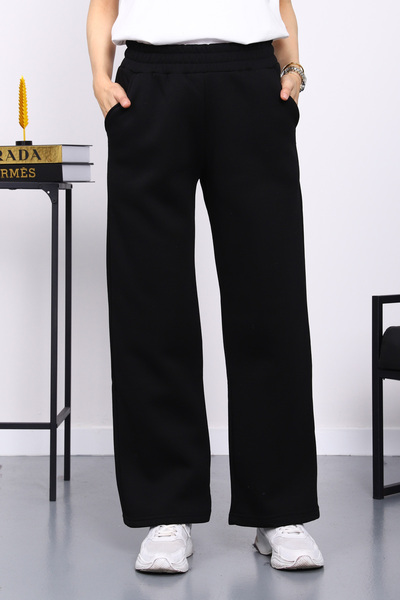 İmajButik Black Elastic Waist Fleece-Lined Three Thread Trousers