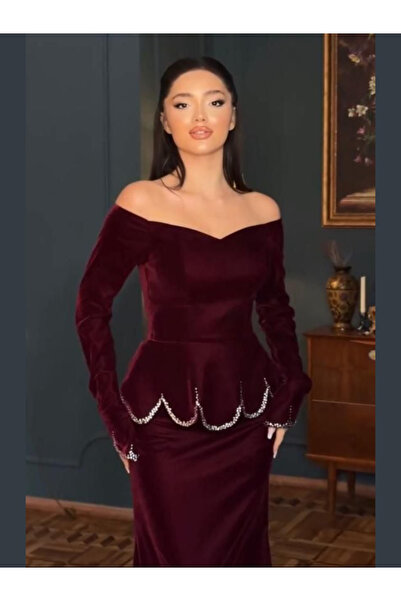 Nice Model Burgundy Velvet Off-Shoulder Formal Gown with Long Sleeves and Crystal Waist Detail