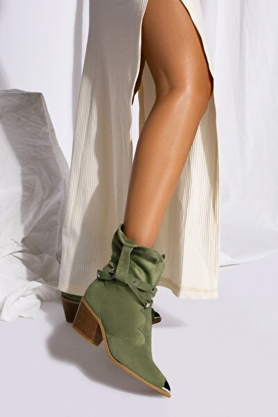 Vanilla Days Emira Green Silver Suede Boots with Silver Accents