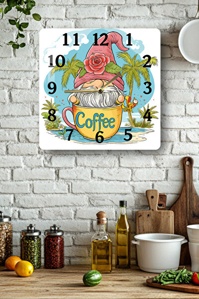 kutuTR 3D Looking Tempered Glass Square Clock – Coffee Dwarf Themed Uv Printing 33X33 cm - Kcs111