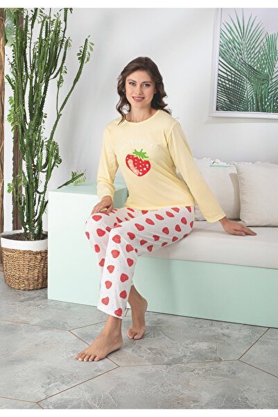 Serena Pijama damă cu mânecă lungă și pantaloni lungi, bluză galbenă și pantaloni albi, imprimeu cu căpșuni