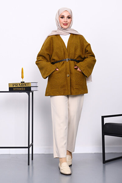 İmajButik Μπουφάν oversized Boucle με λαδί πράσινη ζώνη