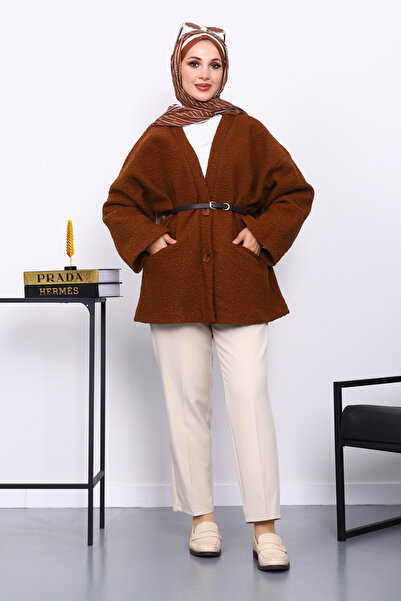 İmajButik Μπουφάν oversized Μπουκλέτ με καφέ ζώνη