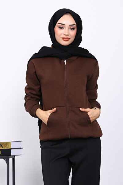 İmajButik Καφέ Ζακέτα με τρεις κλωστές με τσέπες καγκουρό επένδυση fleece