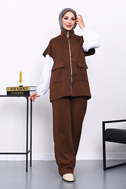 İmajButik Brown Zippered Pocket Vest and Pants Scuba Suit