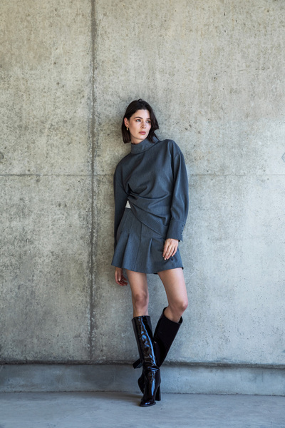 Berr-ın High Neck Blouse with Gathered Sides Anthracite