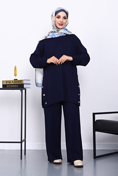 İmajButik Σετ Modal με λεπτομέρεια με κουμπωτά κουμπιά σε μπλε ναυτικό χρώμα