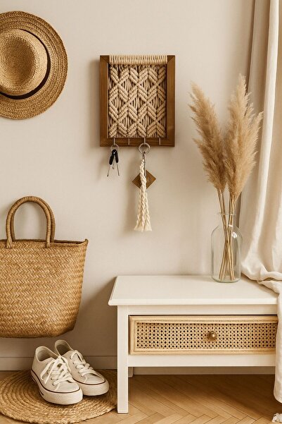 woodalbuba Ahşap Anahtarlık Hol Antre Dekoratif Makrome Anahtar Askısı Duvar ...