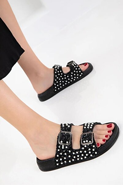 Pienn Black Slippers with Sparkling Stone and Pearl Detailed Buckle