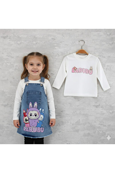 GİRL EMELY Girls' Labubu Printed Denim Shorts and Long Sleeve Combed Cotton T-Shirt