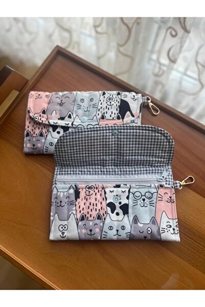 HelloPunch&Bags KEDİ Bez Cüzdan Telefon Bölmeli – DESENLİ El Yapımı, Fermuarl...