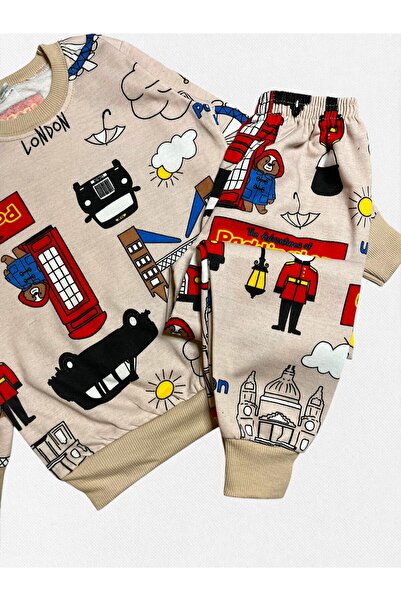 Fil Kids Boys' 100% Cotton Beige Color London Patterned Long Sleeve Fleece-Lined Winter Pajamas Set