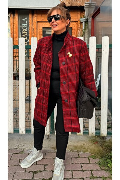 Retrokare Kırmızı-Siyah Kazayağı Desenli İnce Kaban