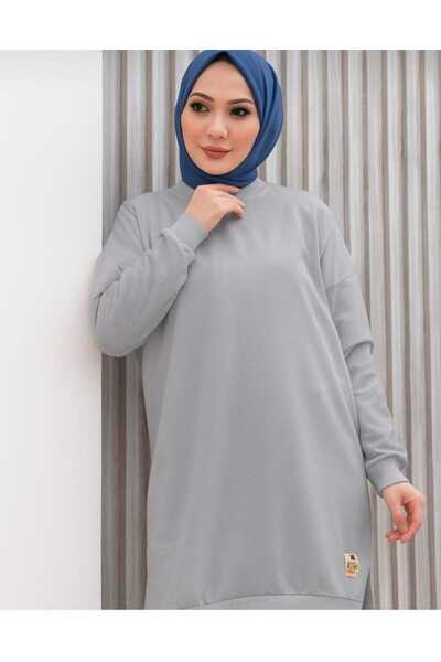 SHİROSA γκρι μακρύ χιτζάμπ τουνίκ