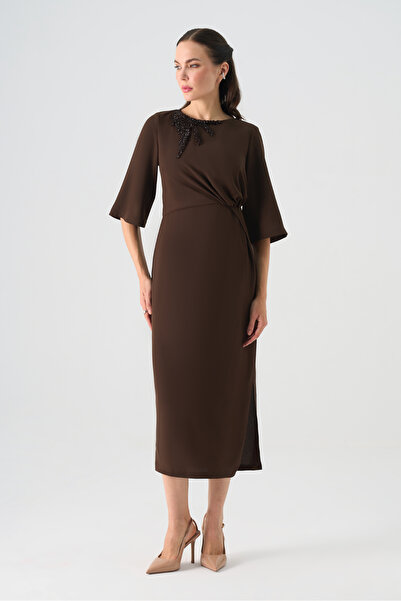 Dizayn Ella El işi boncuklu drapeli krep elbise EL-4360