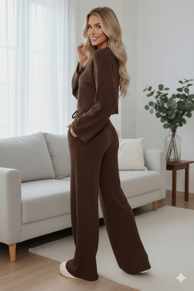 LEONE KOLEKSİYON Brown Corded Fabric Knitted Fabric Crop Top & Wide Leg Pants Set