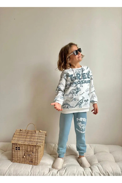 Wikibom Boy's T-Rex Dinosaur Printed Fleece-Lined Double Set