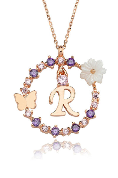 Eva Jewelry R Harf Sallantılı Manolya Çiçeği 14K Rose Altın Kaplama Kadın Kolye