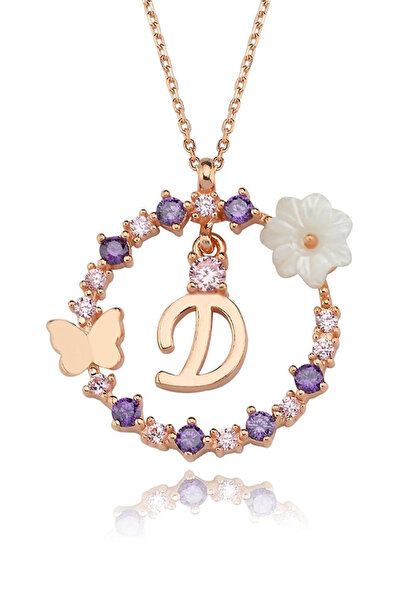 Eva Jewelry D Harf Sallantılı Manolya Çiçeği 14K Rose Altın Kaplama Kadın Kolye