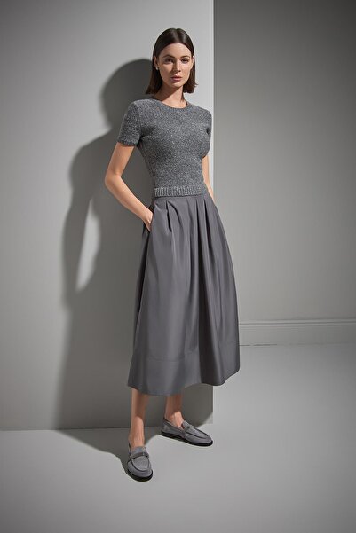 JOIN US Kumaş Etekli Kısa Kollu Gri Triko Elbise