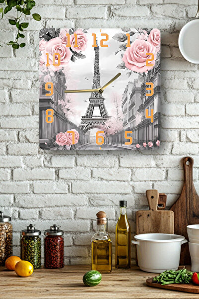 kutuTR 3D Looking Tempered Glass Square Clock – Eiffel and Pink Roses Uv Printing 33X33 cm - Kcs127