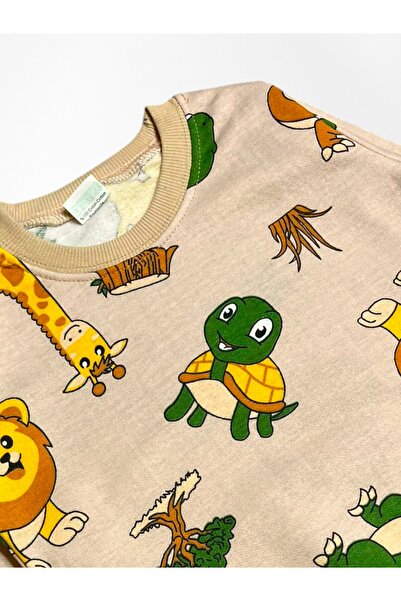 Fil Kids Boys' 100% Cotton Beige Color Turtle Giraffe Patterned Long Sleeve Fleece-Lined Winter Pajamas Set