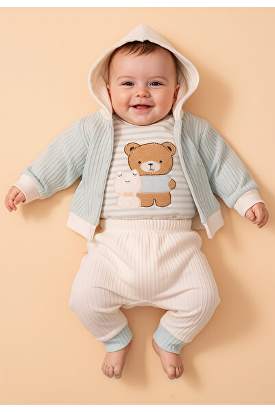 Tuabella 100% Cotton Hooded Men's 3-Piece Baby Set (Cardigan + Snap Fastener Bodysuit + Bottoms)