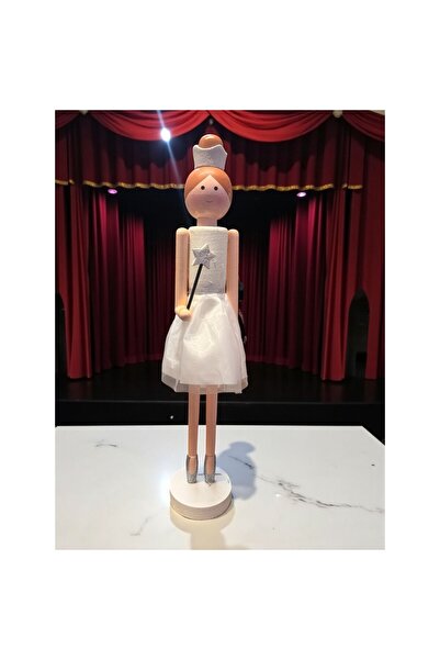 Xmas Figurină decorativă balerină cu baghetă magică – prințesă elegantă din lemn alb sidefat, 68 cm