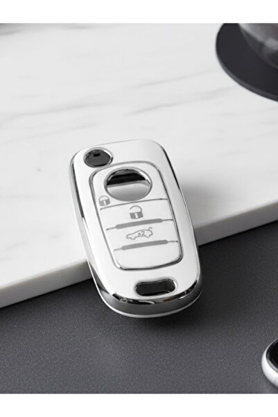 Lanitra Fiat Egea Sustalı 3 Buton Nano Anahtar Kılıfı Beyaz-Gümüş