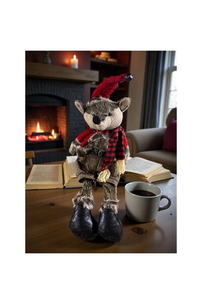 Xmas Διακοσμητικό κλωστοϋφαντουργικό προϊόν με τάρανδο – 67 cm, σκανδιναβικό στυλ, με καπέλο και καρό μαντήλι