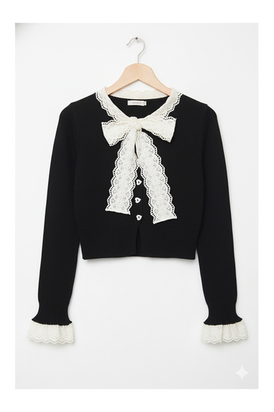 Namaste Vintage Black Color Collar with Ruffle Detail, Tie-Up Heart Button Knitwear Short Cardigan