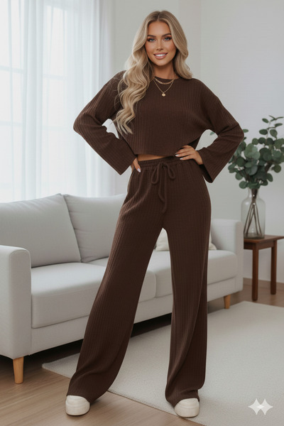LEONE KOLEKSİYON Brown Corded Fabric Knitted Fabric Crop Top & Wide Leg Pants Set