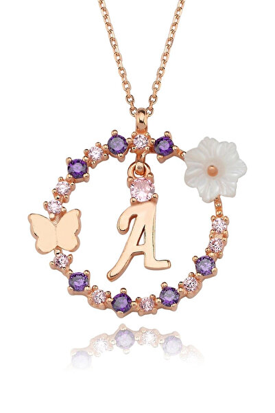 Eva Jewelry A Harf Sallantılı Manolya Çiçeği 14K Rose Altın Kaplama Kadın Kolye