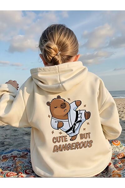 oneagılyazı Sevimli Kapibara & Kore Tarzı "Sarıl Bana" Baskılı Kapüşonlu Sweatshirt