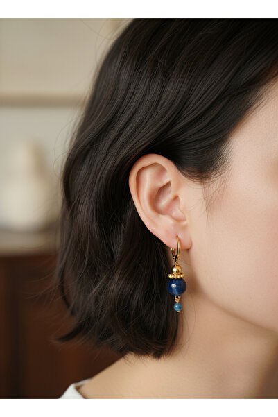 Tasarım Kadın Doğal Akik Taşı Küpe – Lacivert Doğal Taş, Altın Renkli Şık Model