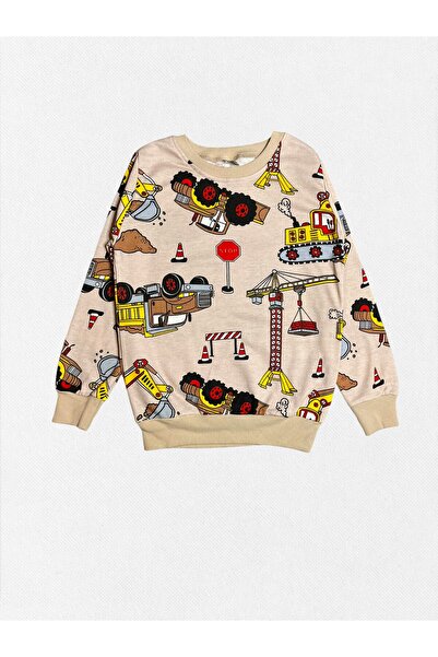 Fil Kids Boys' 100% Cotton Beige Color Scoop Truck Pattern Long Sleeve Fleece-Lined Winter Pajamas Set