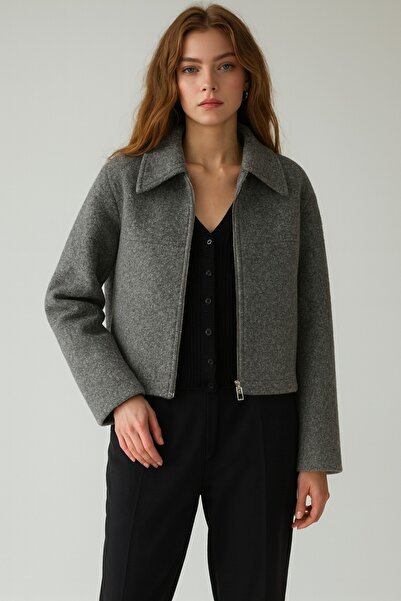 agiyra Kadın Gri Kaşe Kısa Ceket – Fermuarlı Şık Kışlık Mont
